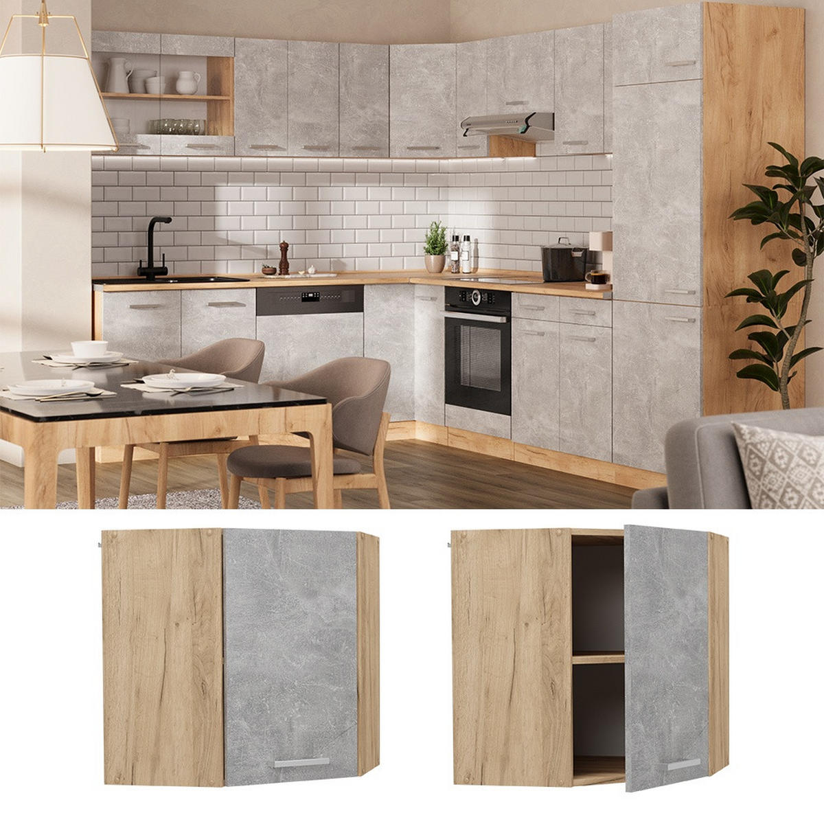 ROHOVÝ VĚŠÁK NA STĚNU R-Line Beton 57 cm - šedá/medově dubová, kompozitní dřevo (57/60/34.1cm) - Vicco