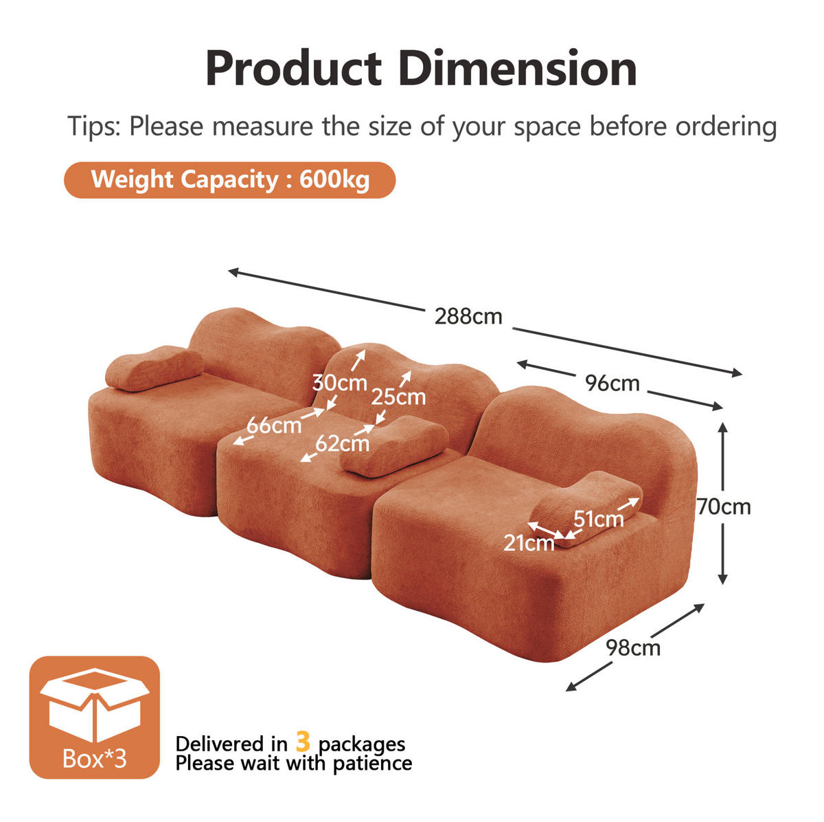SOFA modular in Wellenform Samt Orange - Orange, Holzwerkstoff (98/70/288cm) - Meubliv