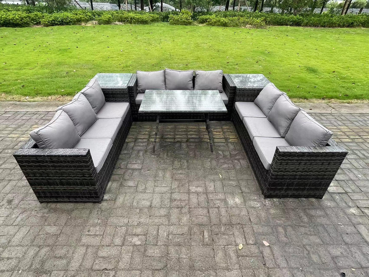 GARTENMÖBELSET mit Esstisch 9-Sitzer Grau - Dunkelgrau/Grau, Glas/Kunststoff - Fimous