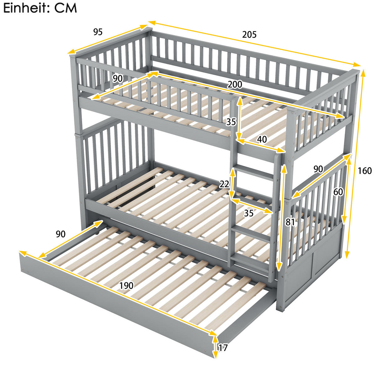ETAGENBETT 205/95/160 cm aus Kiefernholz und MDF mit Ausziehbett Grau - Grau, Holz (90/200cm) - Modenvie