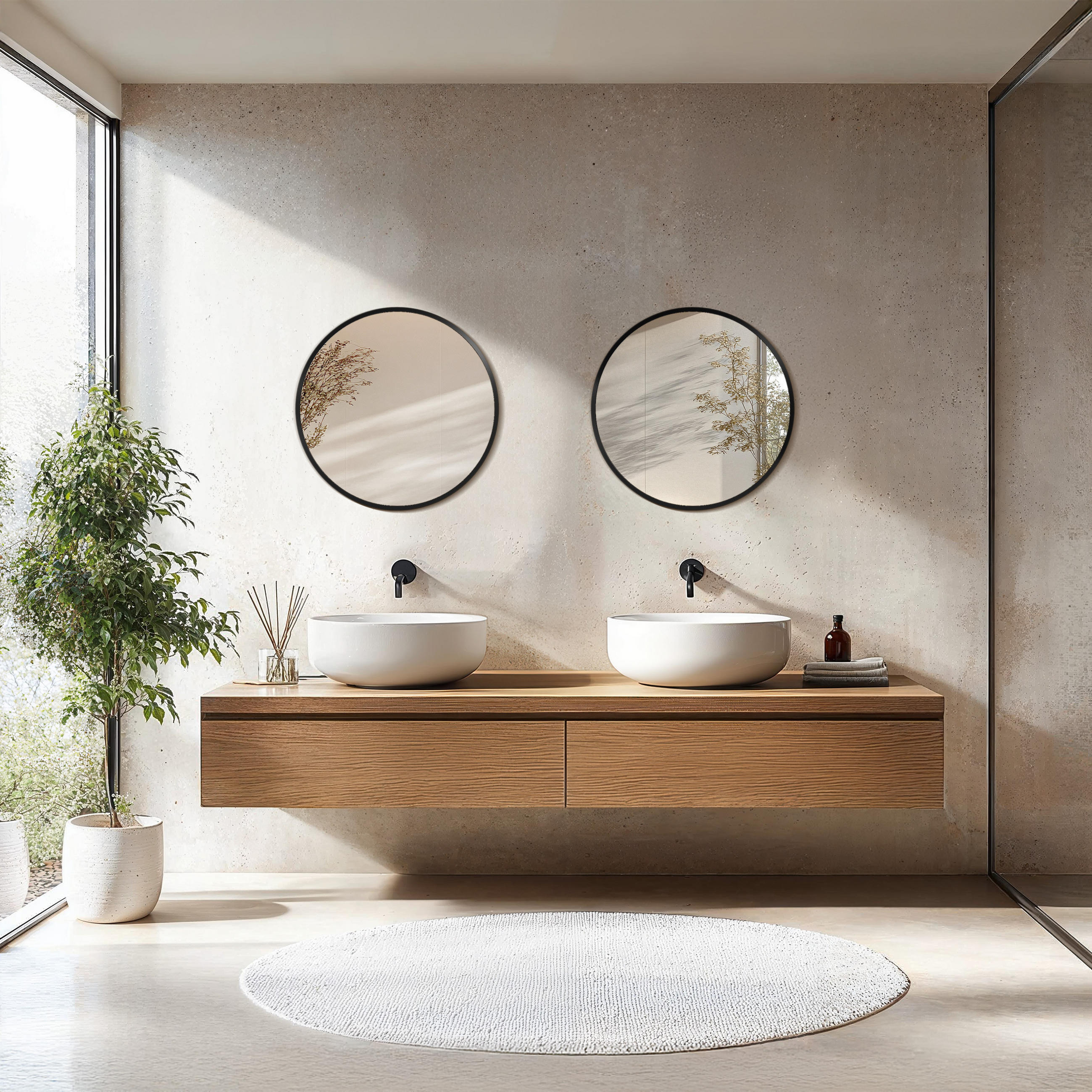 Thumbnail - tectake Runder, Schwarz, Glas, Rund, 50x2.5x50 cm, Spiegel, Wandspiegel