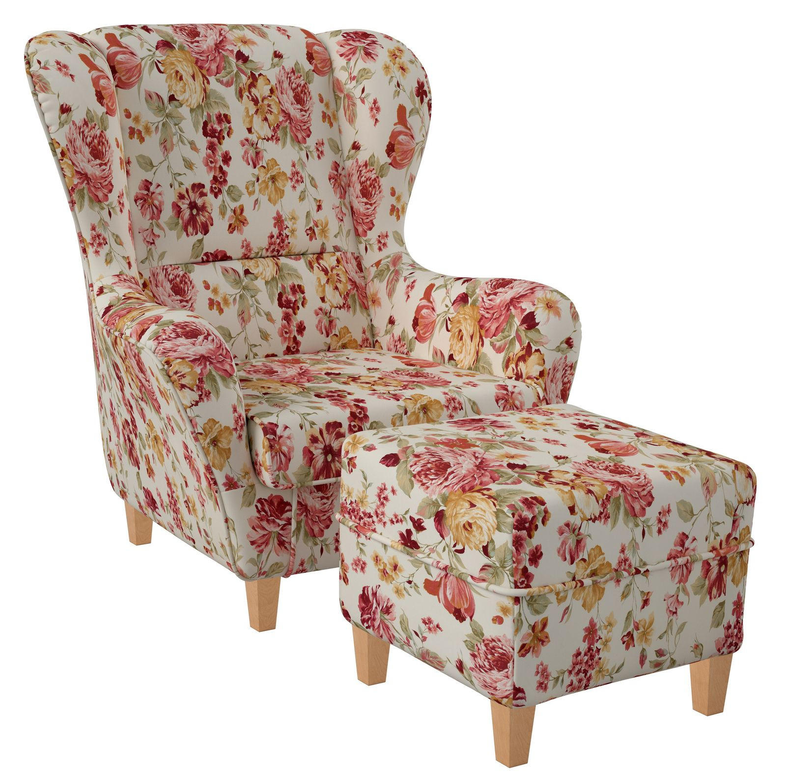 OHRENSESSEL Sofia Relaxsessel mit Hocker | Design Pfingstrose - Beige/Rosa, Textil (92/68/95cm) - Supellex