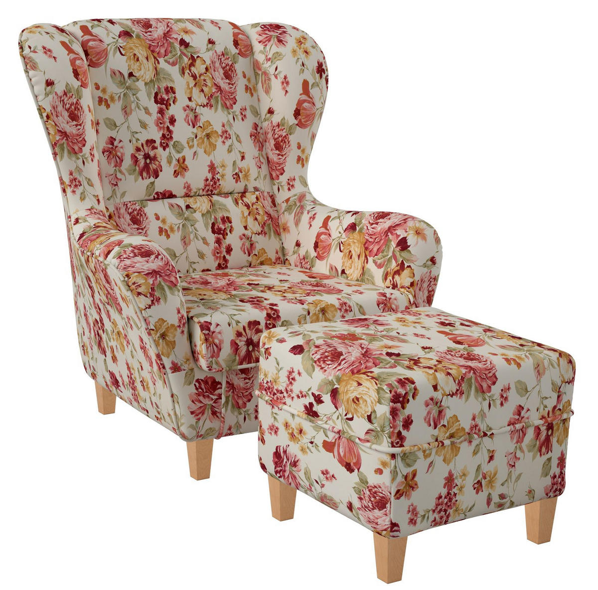 OHRENSESSEL Sofia Relaxsessel mit Hocker | Design Pfingstrose - Beige/Rosa, Textil (92/68/95cm) - Supellex