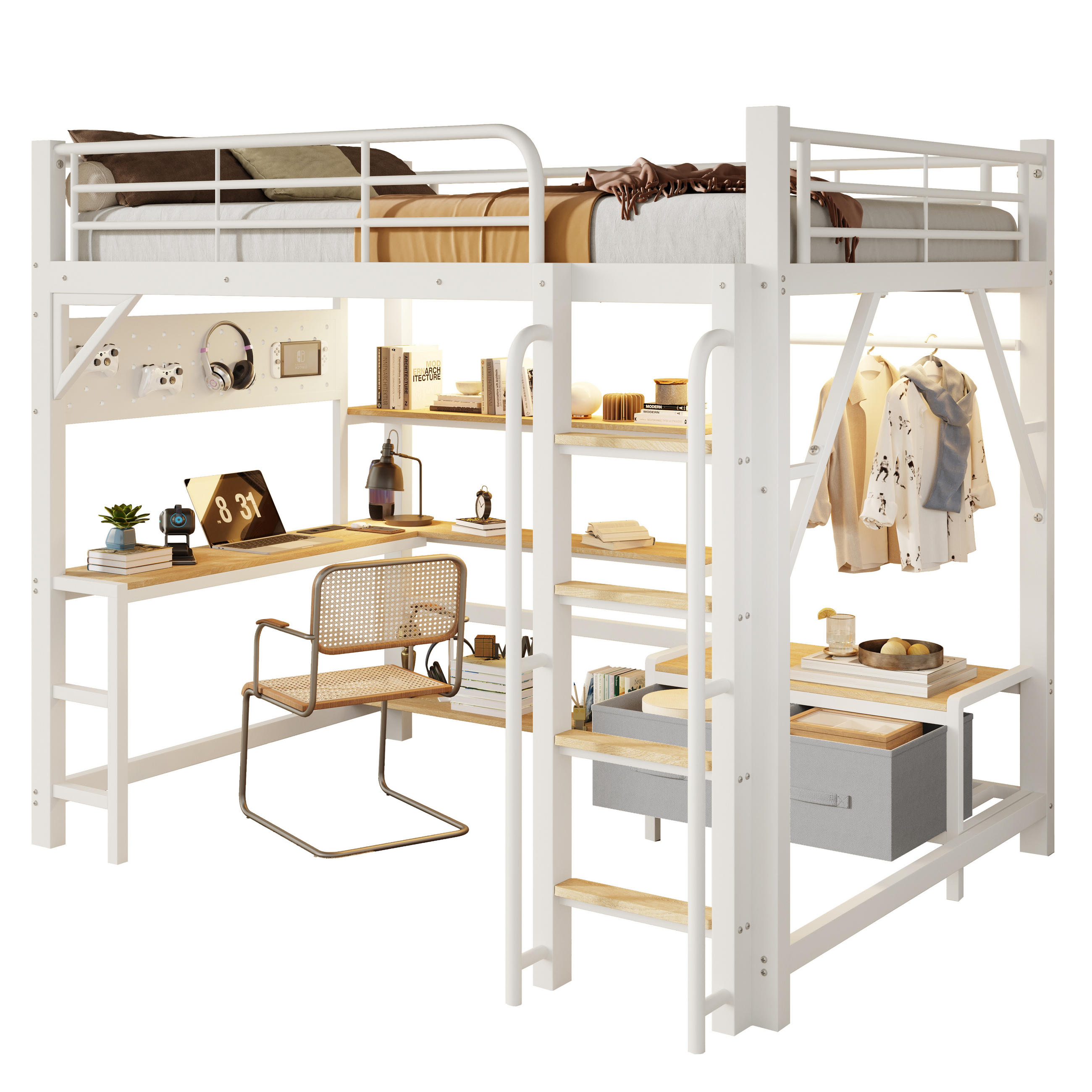 HOCHBETT 140x200cm, Eisen, Lochwand, Regale, Schubladen, Schreibtisch, USB, LED, Geländer, ohne Matratze, Weiß - Weiß, Holzwerkstoff (140/200cm)