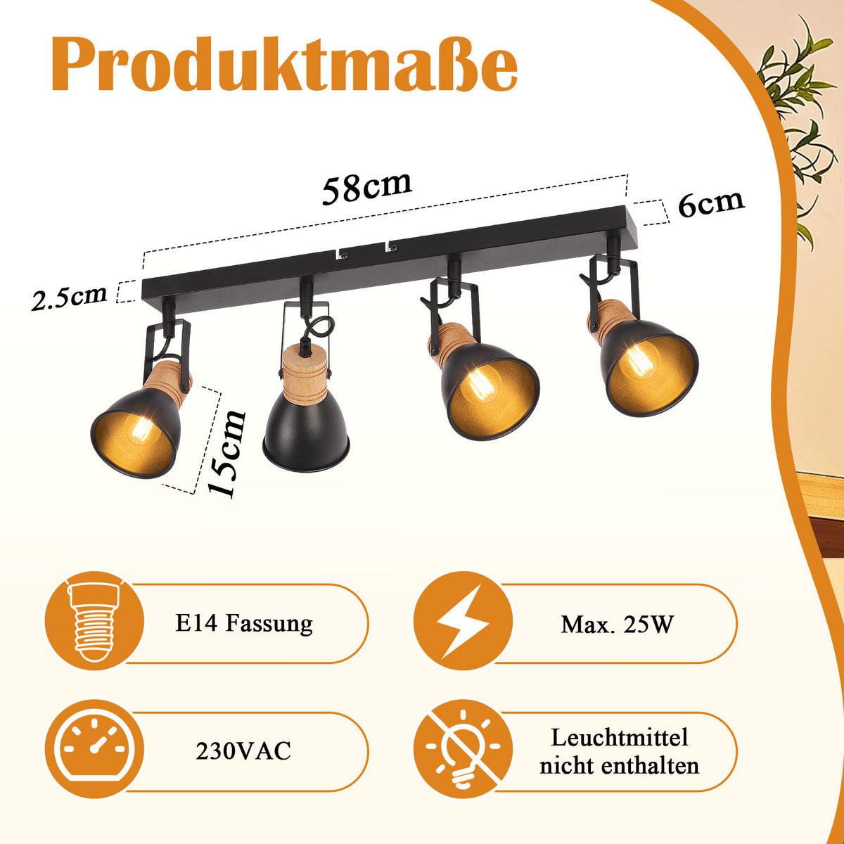 DECKENSTRAHLER Jyntar 58/6/15 cm - Schwarz, Holz/Metall (58/6/15cm) - ZMH