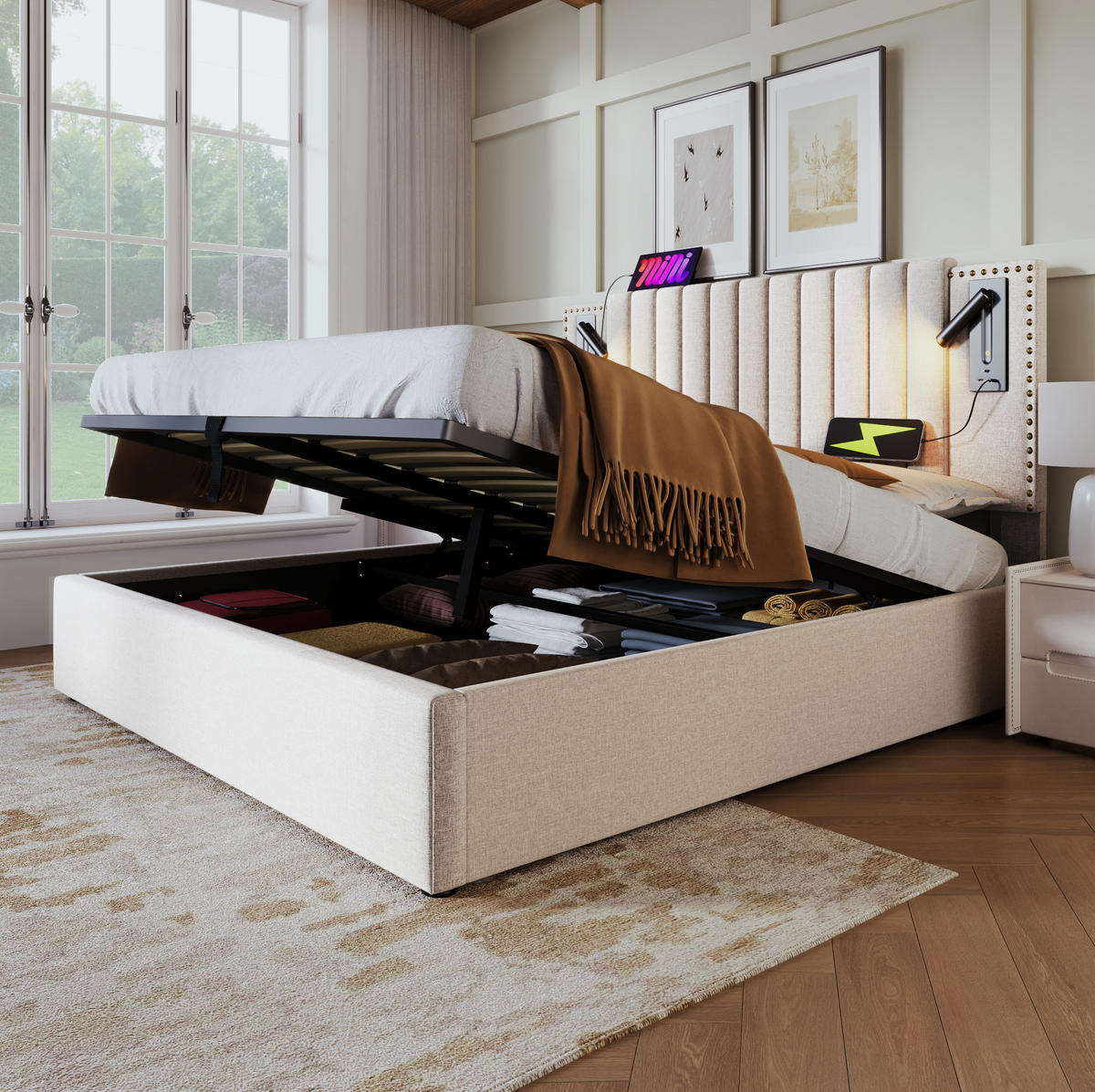 BETT mit Bettkasten 140x200 cm Baumwolle Beige - Beige, Metall (140/200cm) - Meubliv