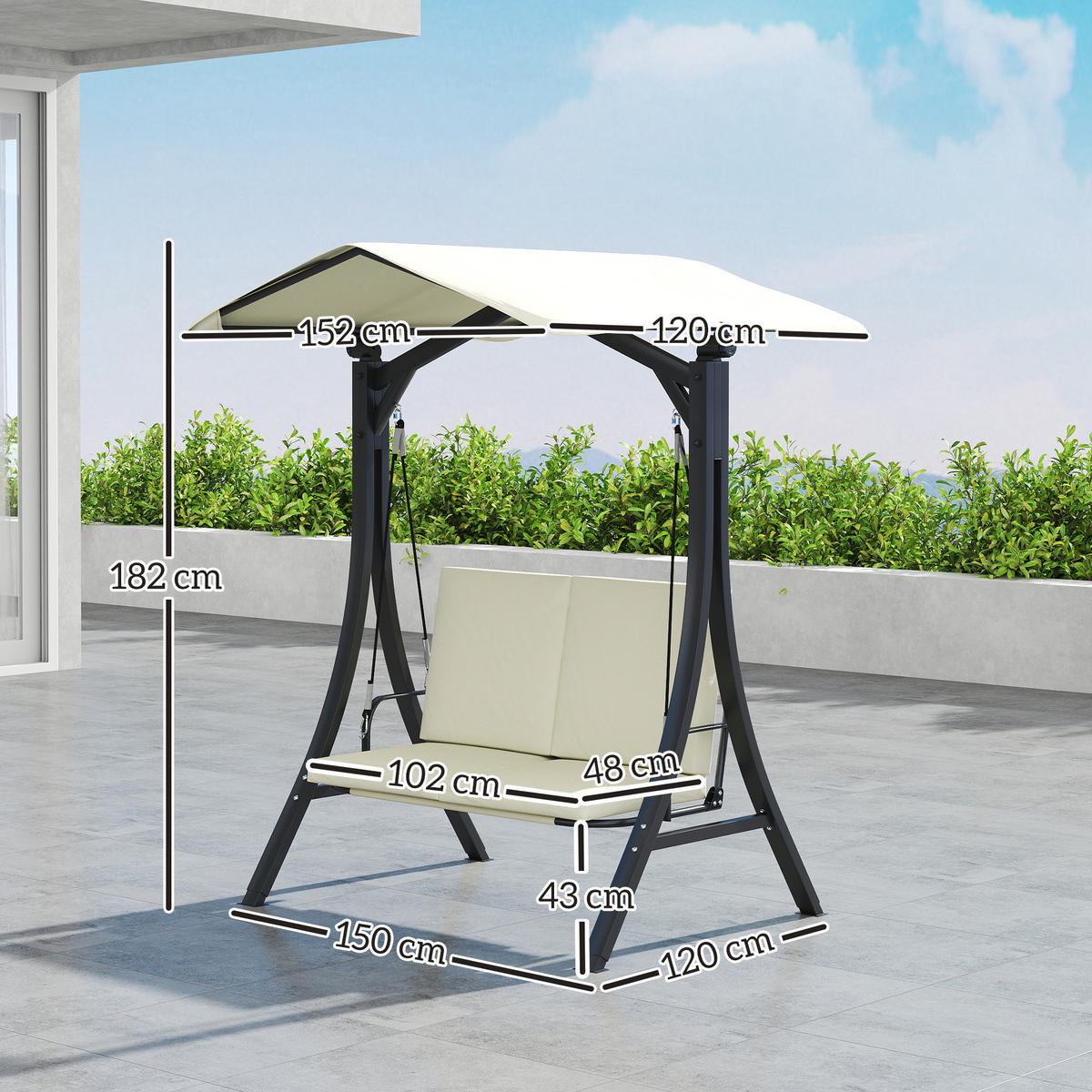 HOLLYWOODSCHAUKEL Cremeweiß 2-Sitzer 150/120/182 cm - Creme, Metall (150/182/120cm) - PANGIVO