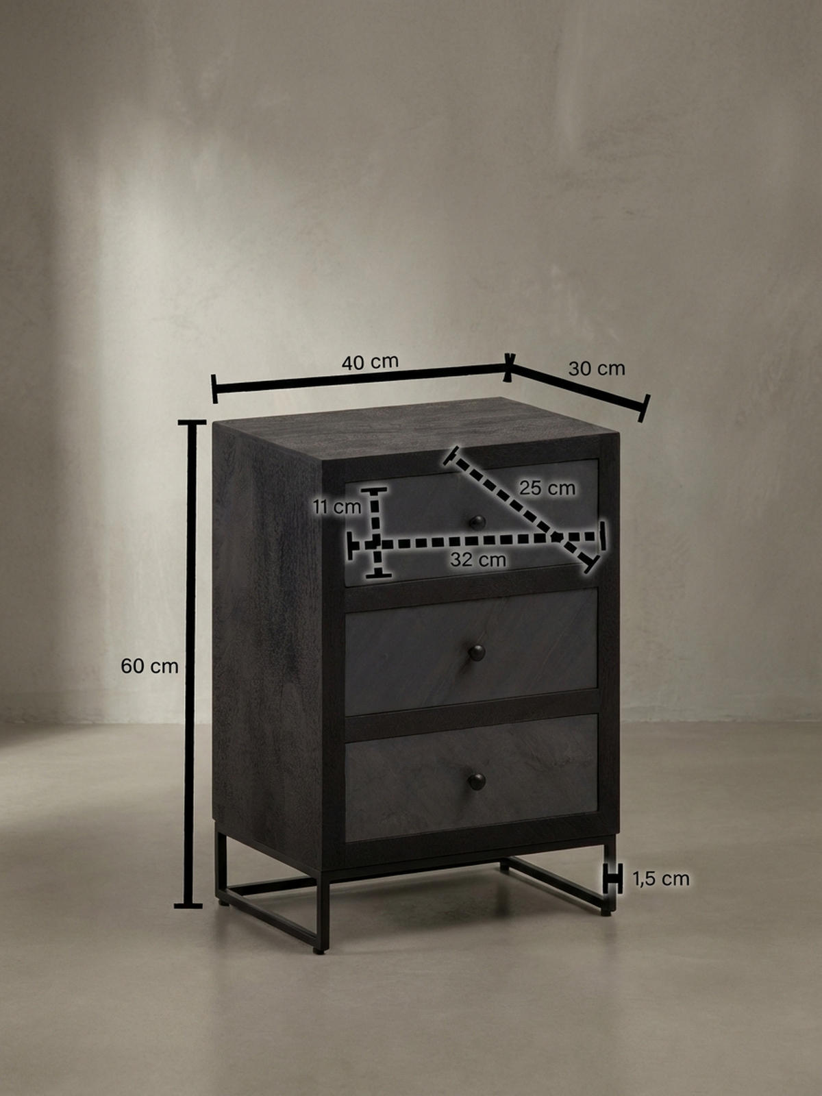 NACHTTISCH Massivholz Steinoptik 3 Schubladen Metallgestell, Schwarz 40x30x60 cm - Schwarz, Holz/Metall (40/60/30cm) - KADIMA DESIGN