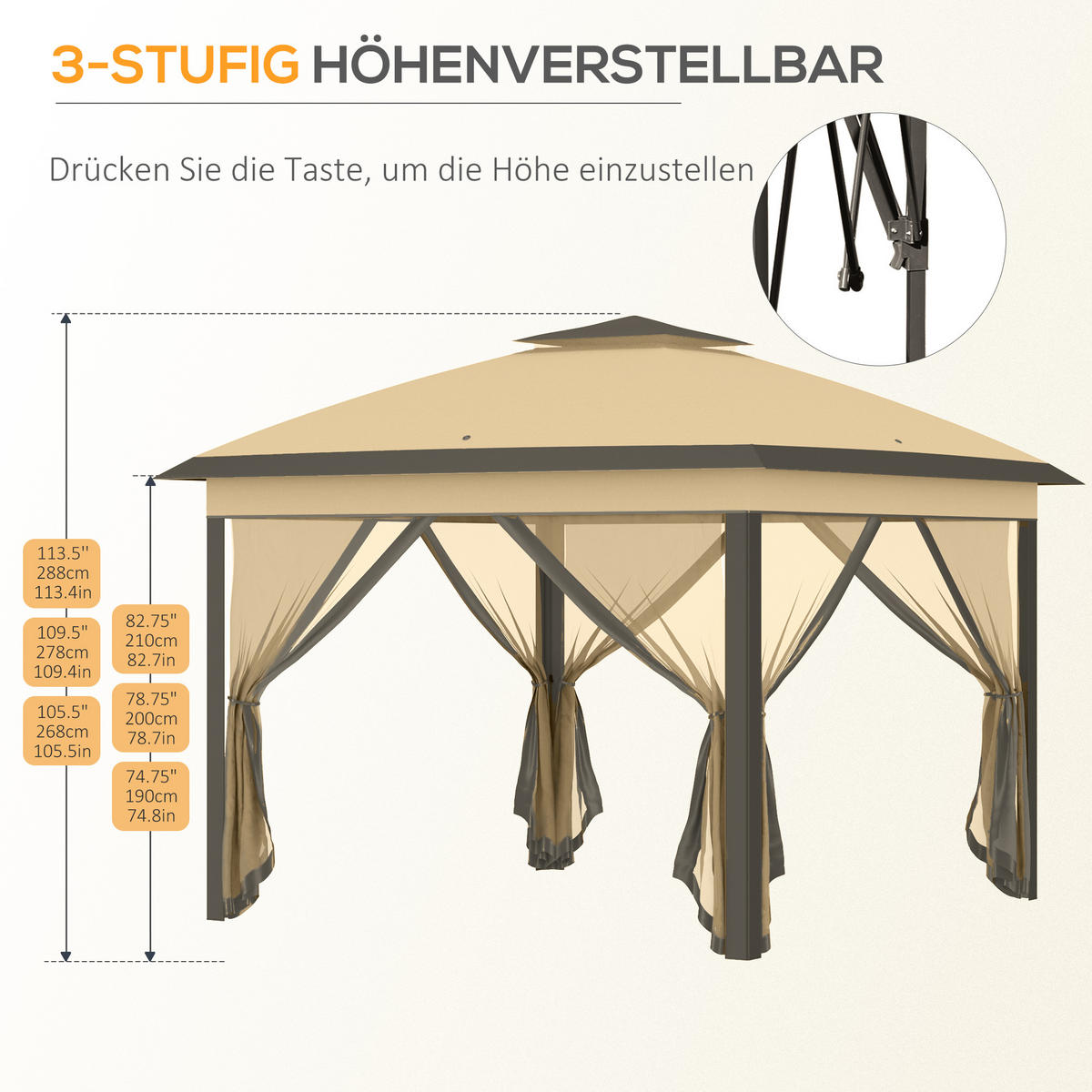 PAVILLON 3,3x3,3m, wasserabweisend Stabil Winterfest Pop-up Faltpavillon Beige - Beige, Metall (330/288/330cm) - Outsunny