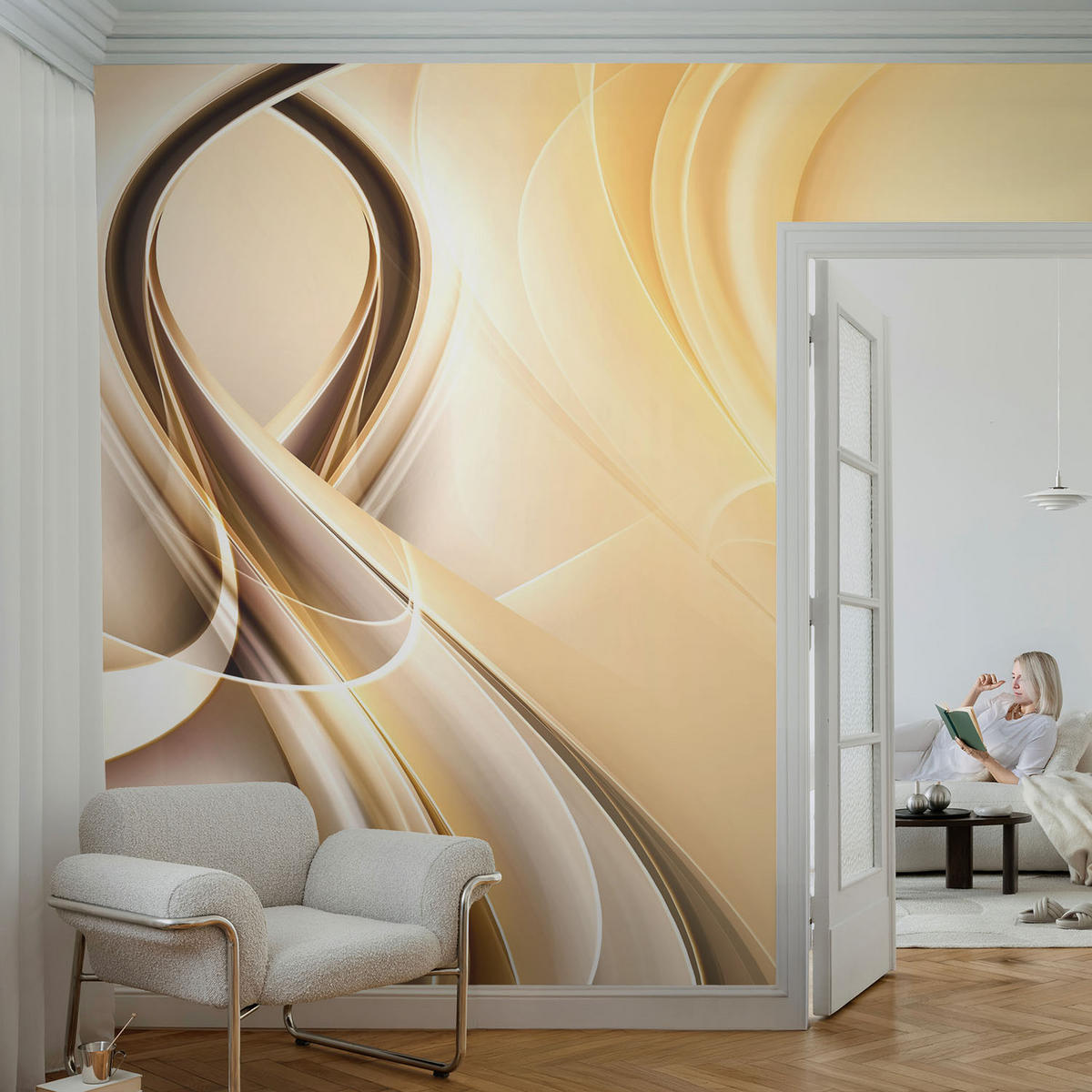 FOTOTAPETE 104x70 cm - Wellenlinien - Orange, Textil (104/70cm) - Wallfluent