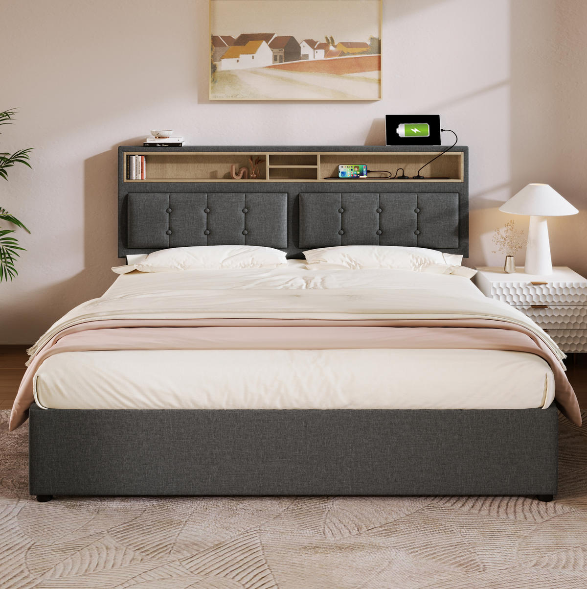 ČALÚNENÁ posteľ z ľanového materiálu 160x200 cm sivá s nastaviteľným čelom, USB-C a úložným priestorom - sivá, textil (160/200cm) - Modfu