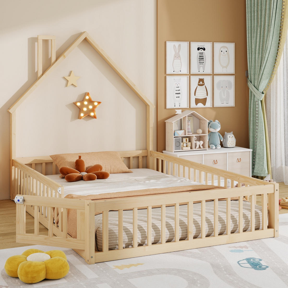 KINDERBETT 140/190 cm mit Lattenrost, Sicherheitsgitter und Schornsteinform, Natur - Naturfarben, Holz (140/190cm) - Redom