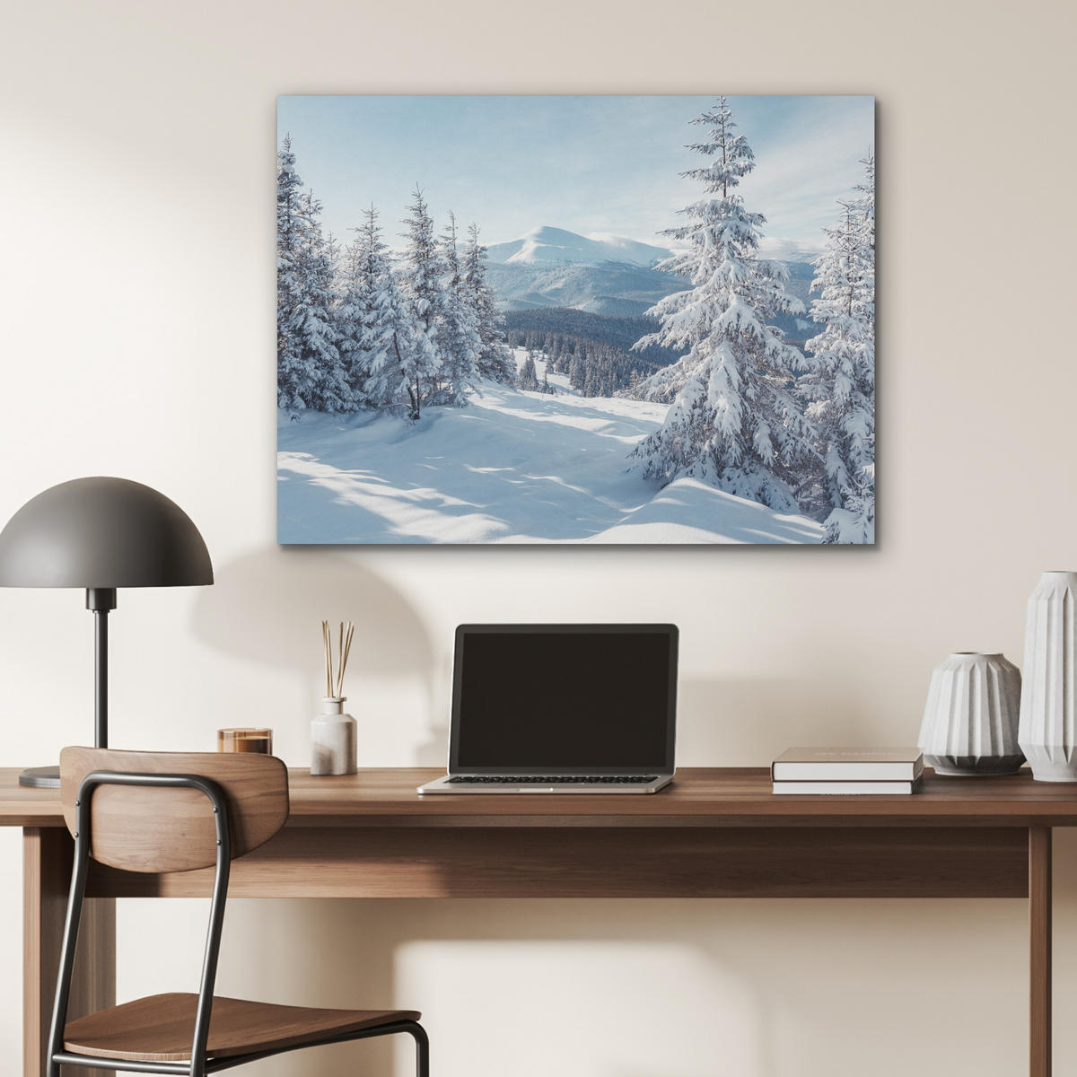AKUSTIKPANEEL Winterlandschaft - Natur - Berge - Bäume - Schnee 80x60 cm - Hellblau, Textil (80/0.9/60cm) - MuchoWow