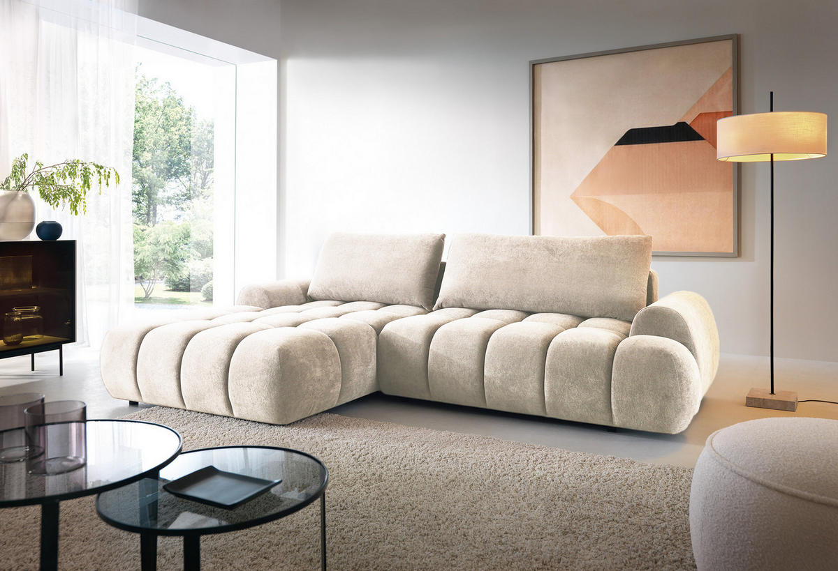 ECKSOFA 280 cm Valerio mit Bettkasten, 280 cm, Links, Schlaffunktion, Vanille - Ecru, Holz (280/177cm) - Emporius