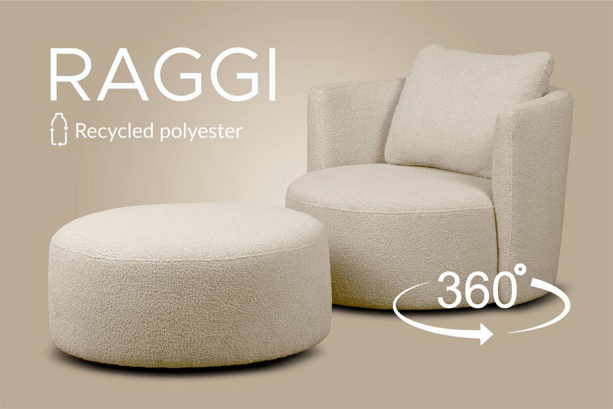DREHSESSEL RAGGI 360° Drehfunktion mit inklusive dekorativem Kissen, hellbeige - Ecru/Beige, Textil (92/75/94cm) - KONSIMO®