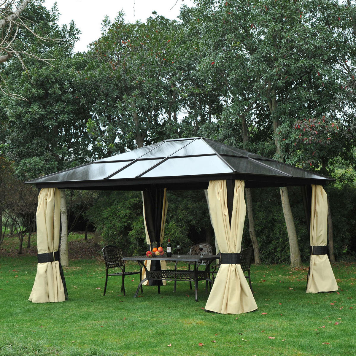 PAVILLON, Schwarz+Braun+Beige, Polyestergewebe(außen), Moskitonetz(innen) - Schwarz, Kunststoff (360/275/420cm) - Outsunny