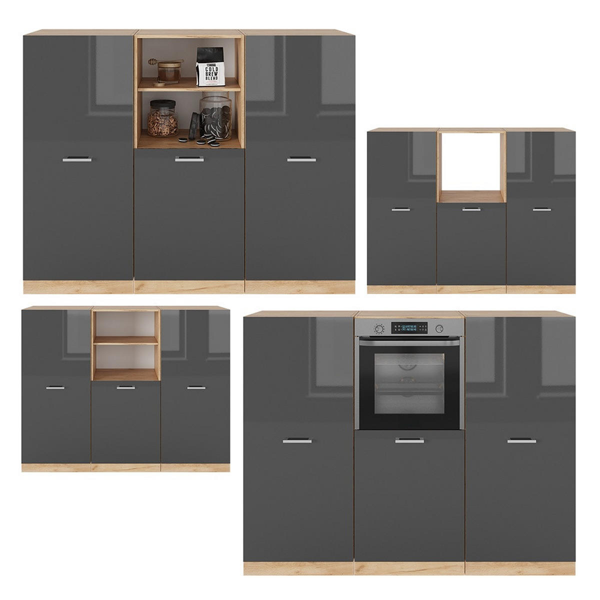 KÜCHENBLOCK R-Line Anthrazit Hochglanz/Goldkraft Eiche 180 cm ohne Arbeitsplatte - Honigeiche/Schwarz Hochglanz, Holzwerkstoff (180/143/46cm) - Vicco