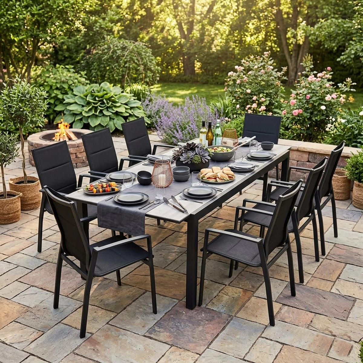 GARTEN-GARNITUR Ashford - 9-teilige Garten-Essgruppe (8x Stapelsessel mit Armlehnen, 1x Ausziehtisch 180/240x100cm), Gestell Aluminium - Schwarz, Metall - TPFGarden