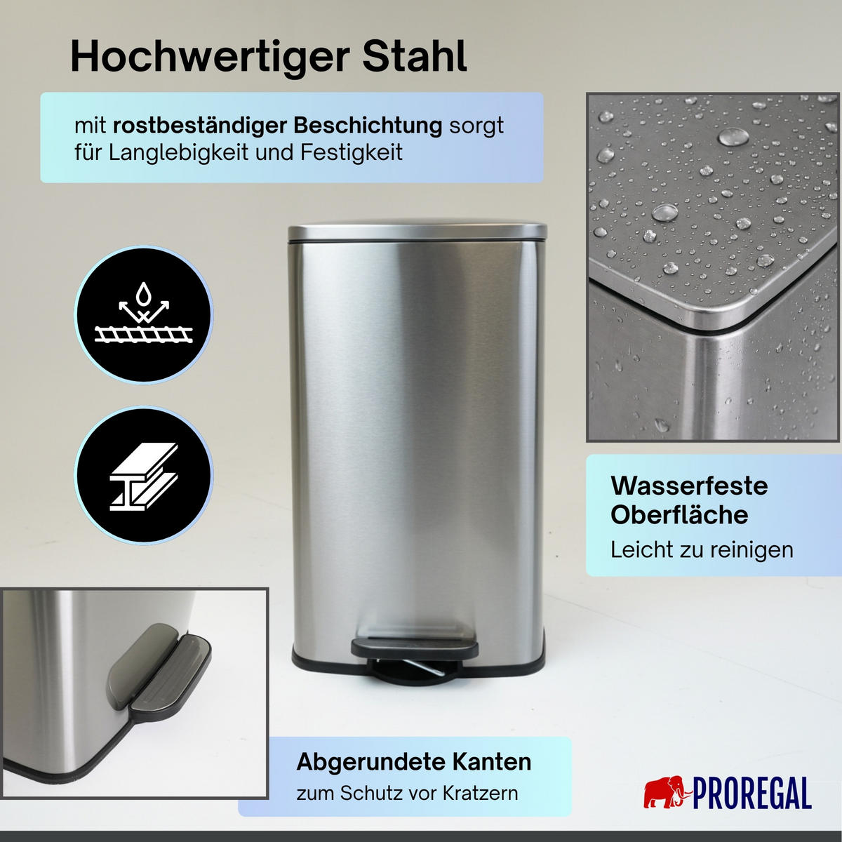 MÜLLEIMER 50 Liter mit Softclose & Fußpedal - Silberfarben, Metall (41.5/67.5/49cm) - PROREGAL