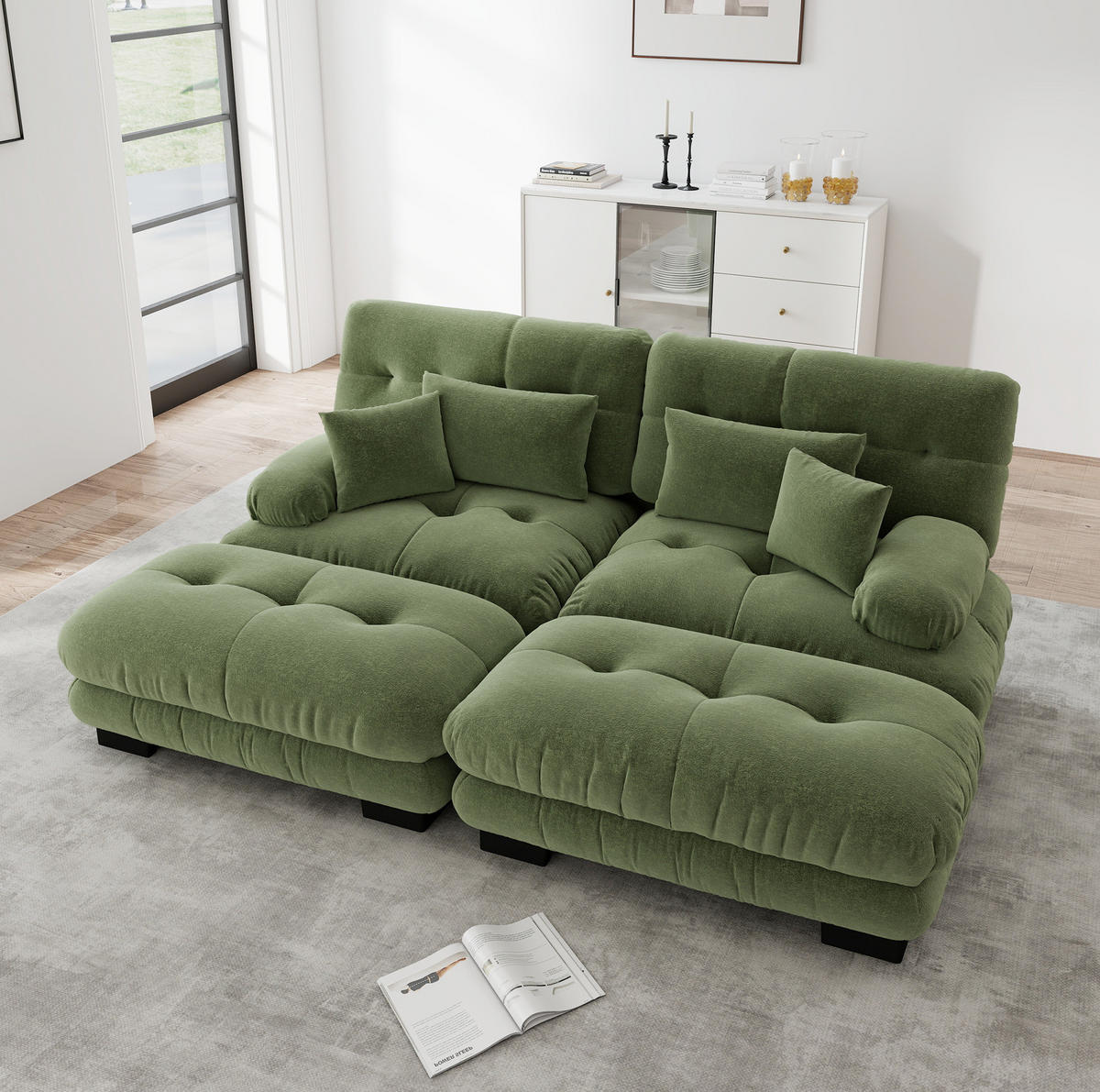 ECKSOFA 220/145/81 cm grün aus Chenille mit modularem Design, 2 Ottomanen und Kissen - Grün, Textil (145/220cm) - OKWISH