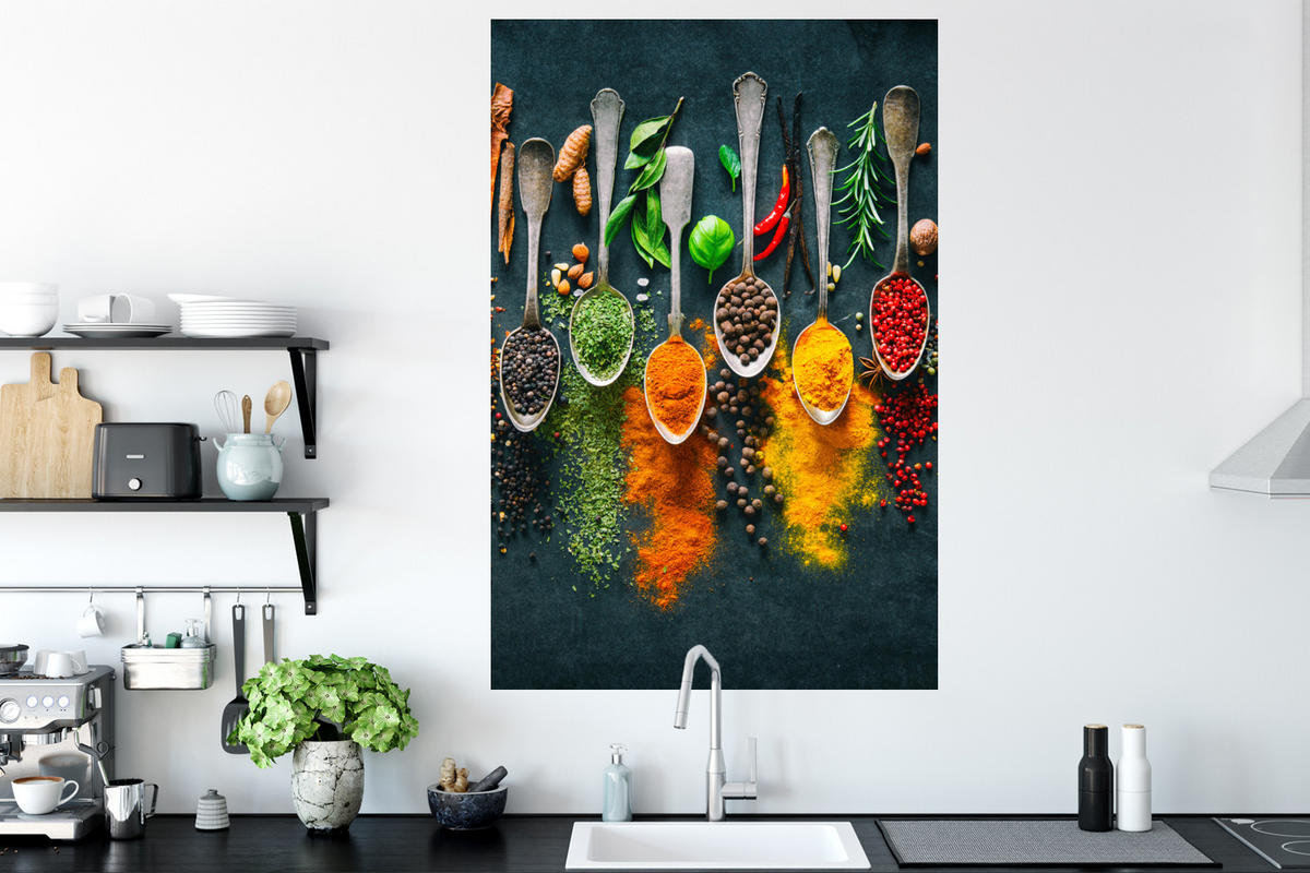 WANDTATTOO Kräuter - Gewürze - Löffel 80x120 cm - Currygelb, Kunststoff (80/120/0.1cm) - MuchoWow