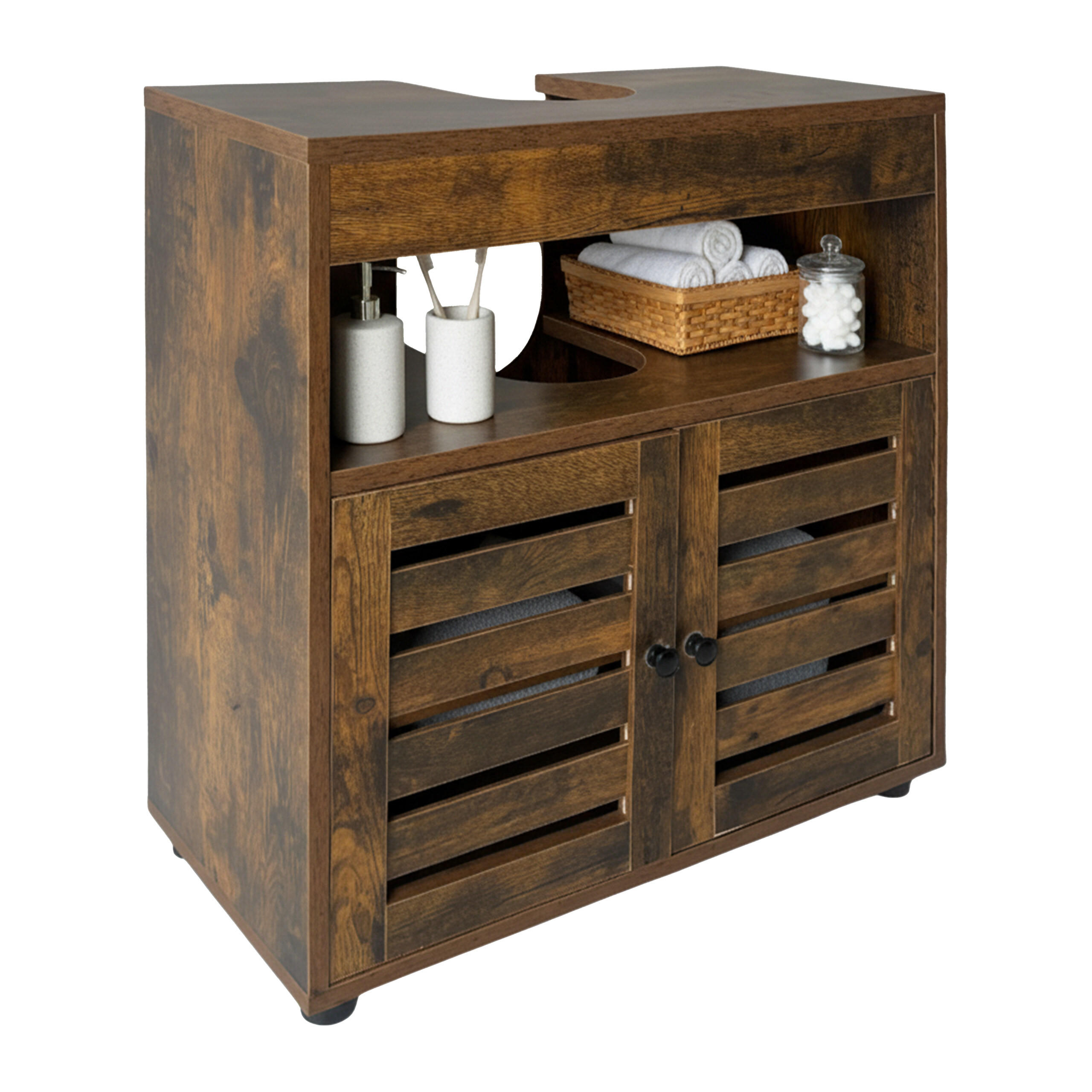 WASCHBECKENUNTERSCHRANK - Schwarz/Braun, Holzwerkstoff/Kunststoff (60/63/30cm) - Relaxdays