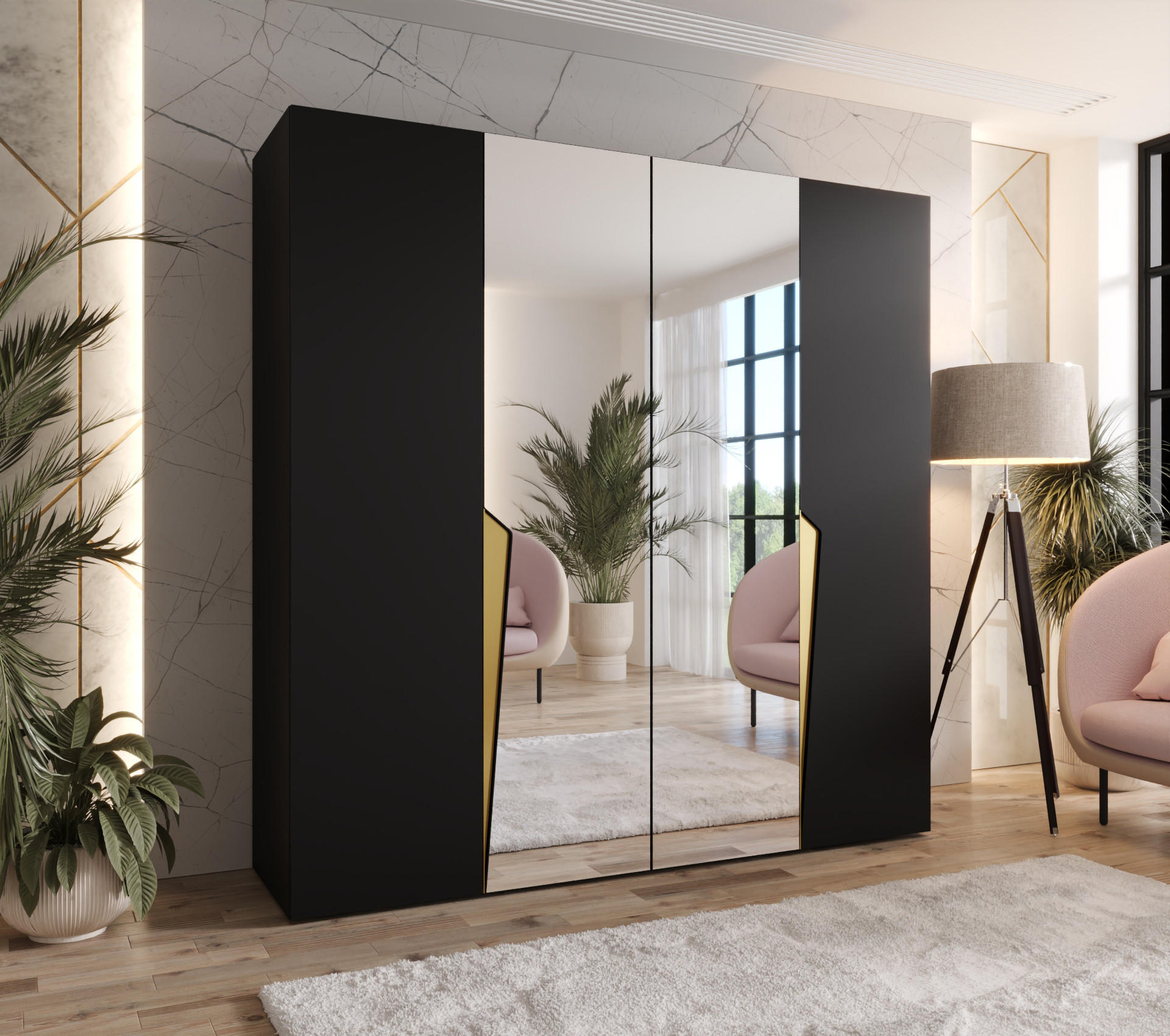 DREHTÜRENSCHRANK 202/200/52 4-türig - Goldfarben/Schwarz, Holz/Metall (200/202/52cm) - Abiks Möbel