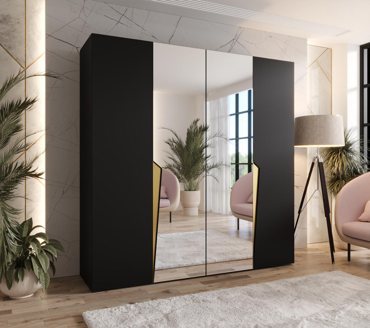 DREHTÜRENSCHRANK 202/200/52 4-türig - Goldfarben/Schwarz, Holz/Metall (200/202/52cm) - Abiks Möbel