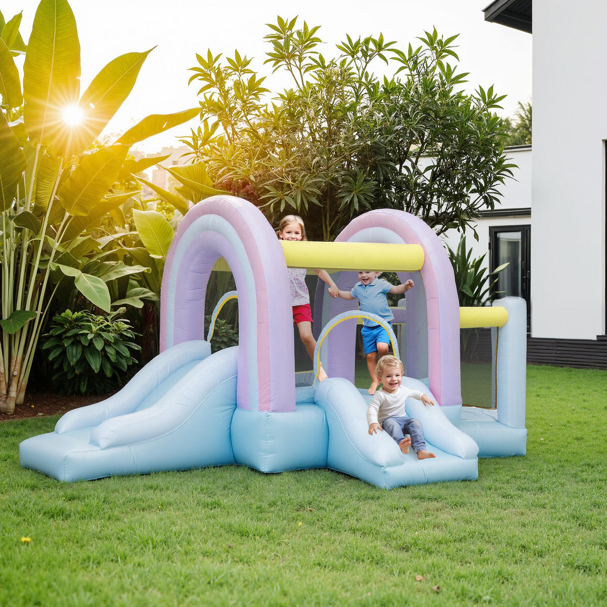 HÜPFBURG mit Gebläse, Rutsche, Sprung, Basketballkorb für Indoor Outdoor - Multicolor, Textil (340/220/180cm) - AIYAPLAY