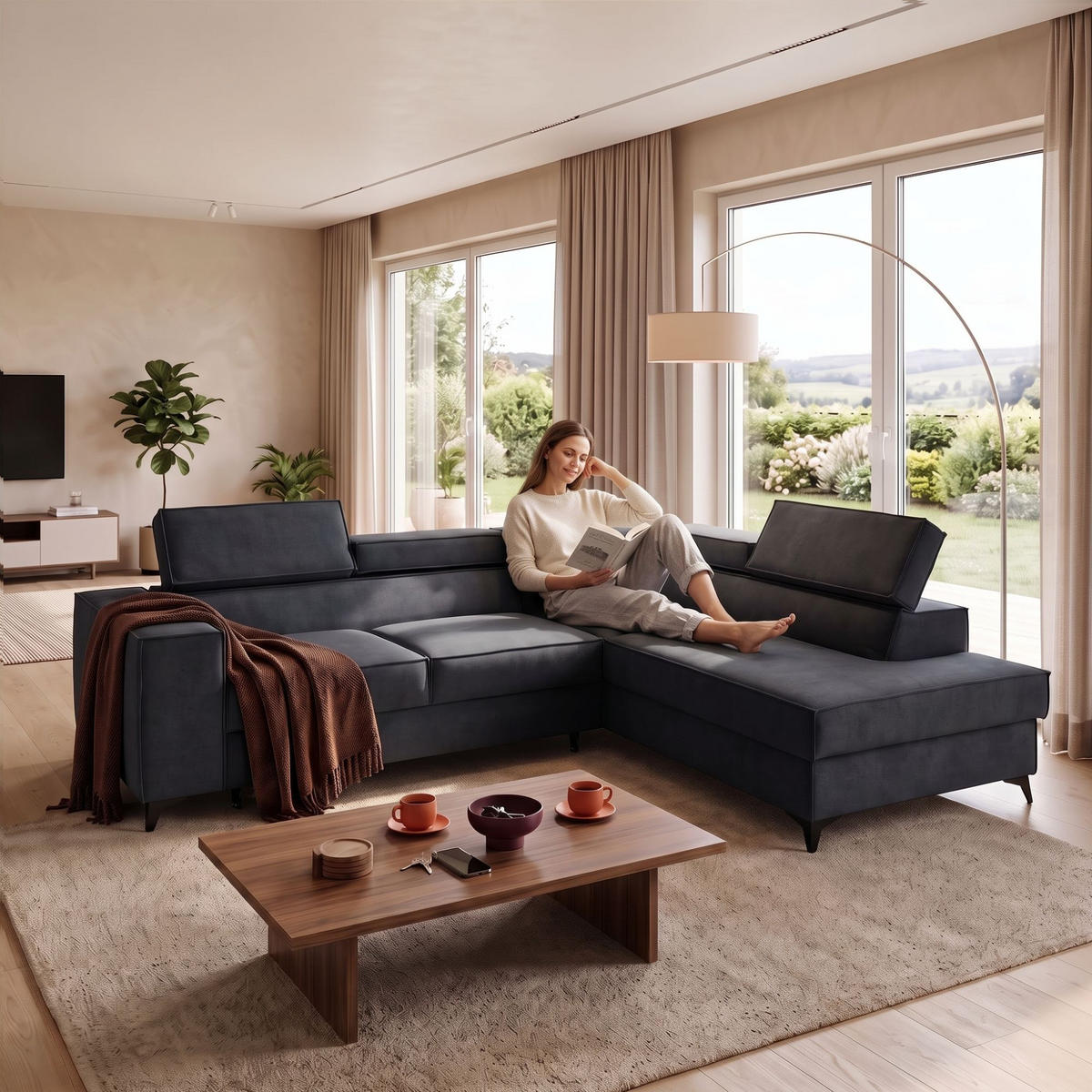 ECKSOFA PURE L Rechts mit Schlaffunktion 127x199 Velours Graphit - Graphitfarben/Schwarz, Holz/Textil (204/281cm) - Muffo