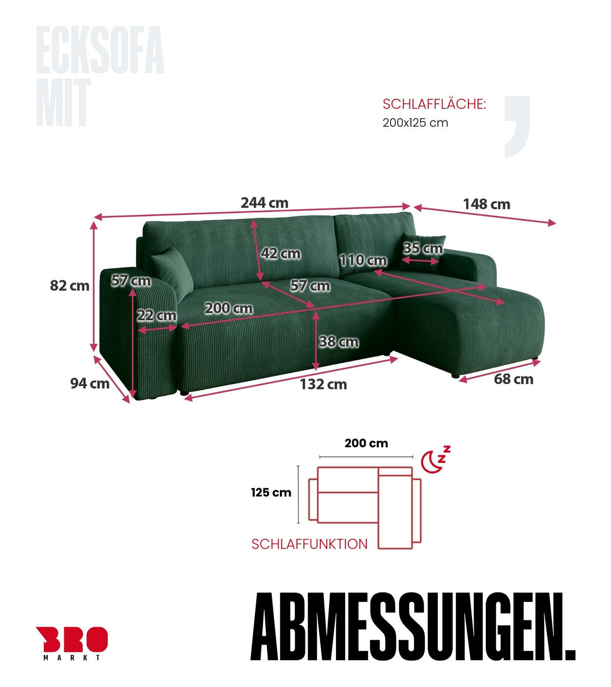ECKSOFA PUMI mit Schlaffunktion Dunkelgrün Cord - Dunkelgrün, Textil (244/148cm) - Bromarkt