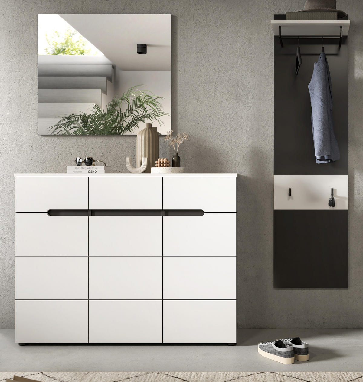 GARDEROBEN-SET 3-teilig in weiß, grau 180 cm, Kombination mit Soft-Close, Cooper - Schwarz/Weiß, Glas/Holzwerkstoff (180/190/37cm) - Inn.Furn