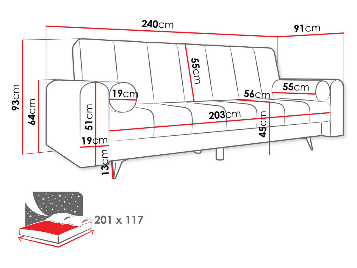 SCHLAFSOFA Zuri - Hellrosa/Schwarz, Holz/Textil (240/93/91cm) - MIRJAN24