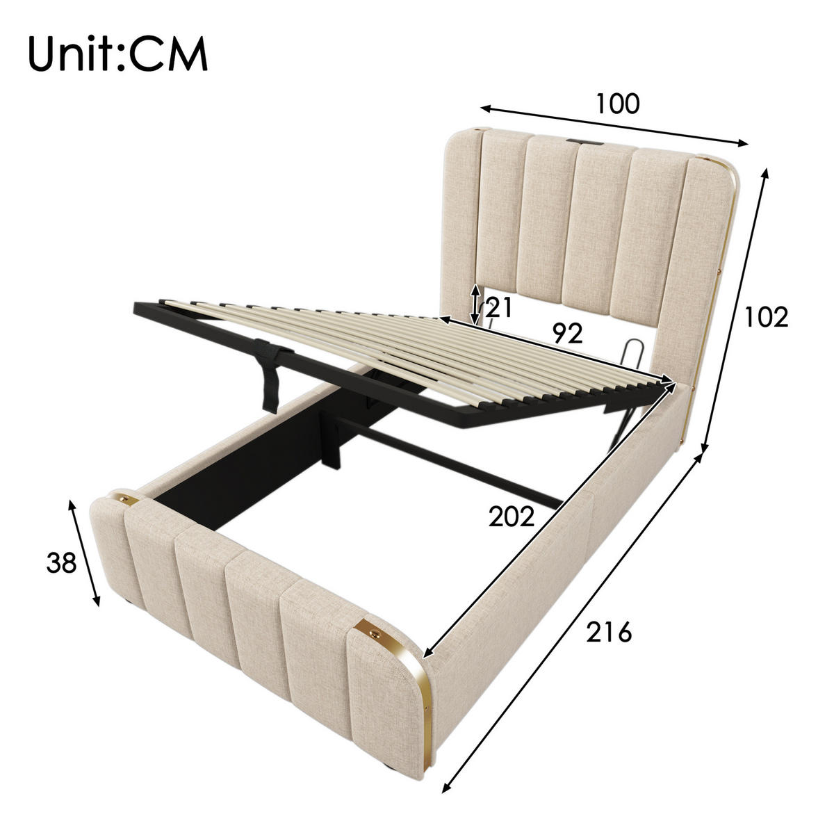 POLSTERBETT 90/200 cm Beige aus Leinen mit Stauraum - Beige, Textil (90/200cm) - OKMYHOME