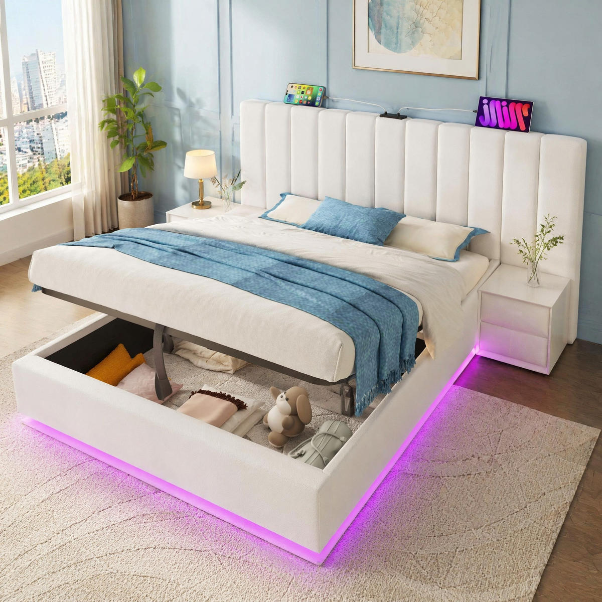 POLSTERBETT 160/200 mit Bettkasten, LED und USB-C in Weiß - Weiß, Holzwerkstoff/Textil (160/200cm) - EVRYAE