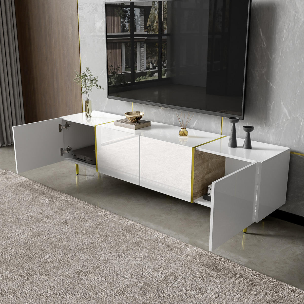 TV-SCHRANK Hochglanz 4 Türen Modern Weiß MDF bis 49 Zoll - Weiß, Holz (43.18/21.84/96.52cm) - FLIEKS