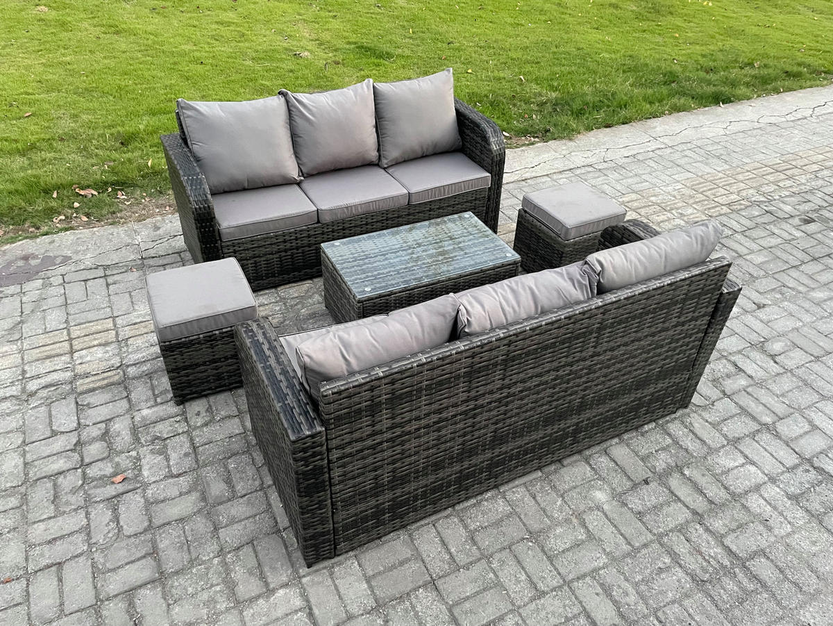 GARTENMÖBEL-SET mit Kissen Polyrattan Dunkelgrau 8-Sitzer - Dunkelgrau/Grau, Glas/Kunststoff - Fimous