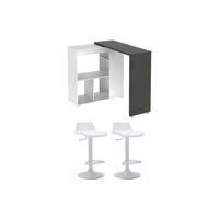 SPARSET Hausbar: Barmöbel SATURNE + 2 Barhocker CALAS - Weiß - Grau, Holz (172/100/45cm) - Vente-Unique