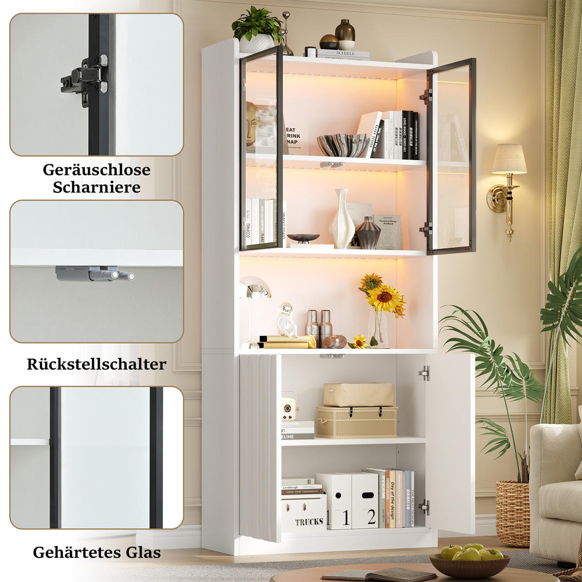 VITRINE 2er-Set 160x35x200 cm Weiß LED Glastüren - Weiß, Holzwerkstoff (160/200/35cm) - FLIEKS