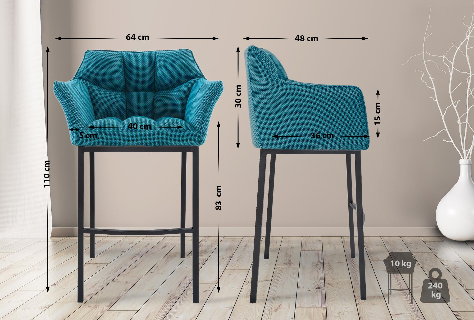 BARHOCKER 2er Set Stoff Türkis - Türkis/Schwarz, Textil/Metall (64/110/48cm) - CLP