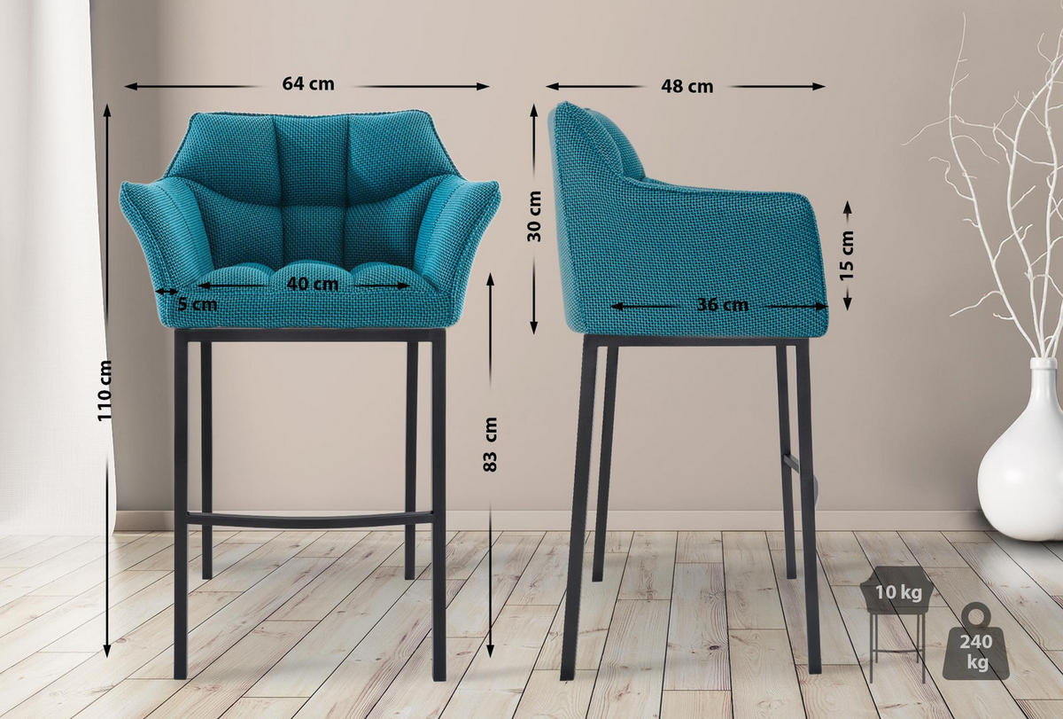BARHOCKER 2er Set Stoff Türkis - Türkis/Schwarz, Textil/Metall (64/110/48cm) - CLP