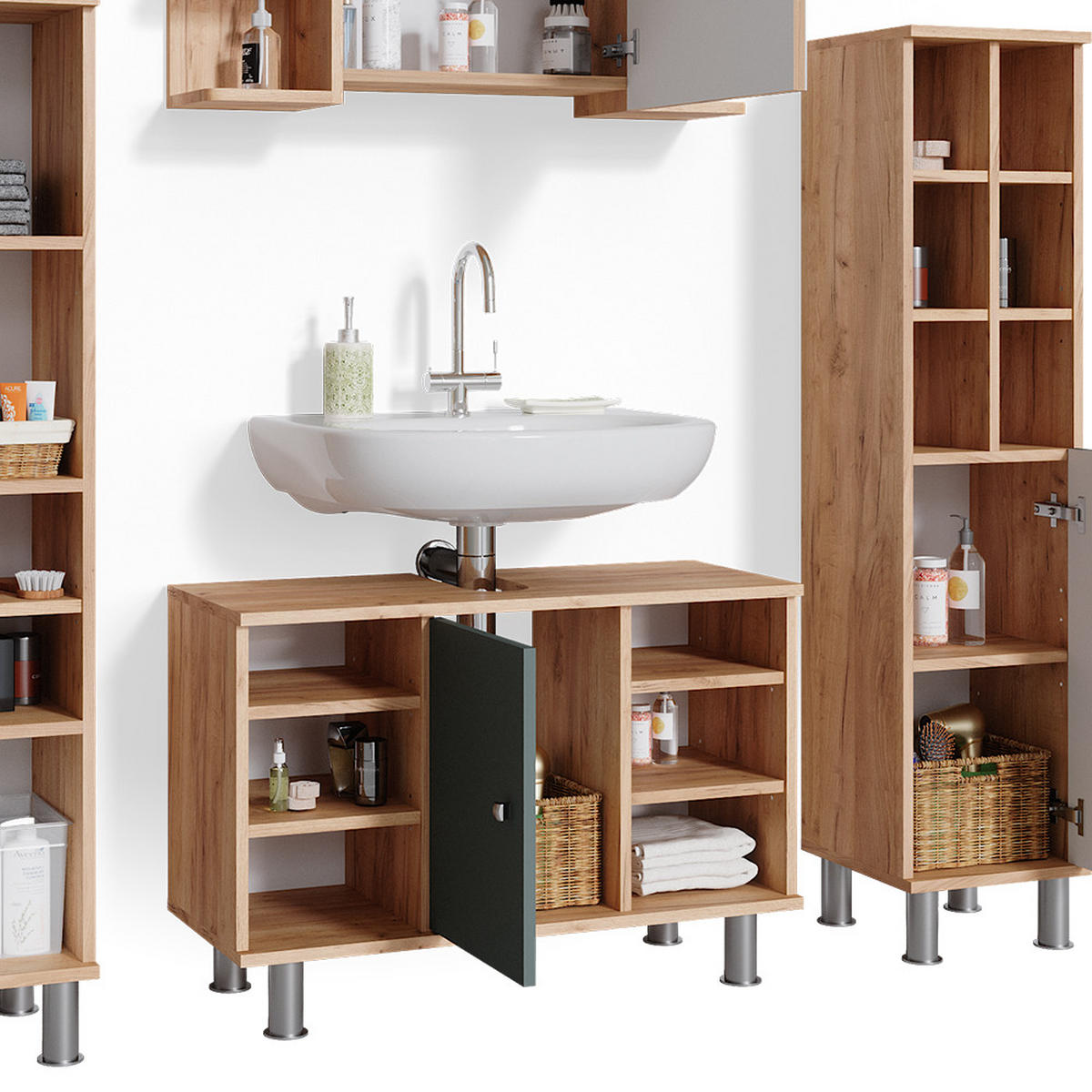 BADMÖBEL-SET Fynn Grün 4 Teile, mit Midischränke - Honigeiche/Grün, Holzwerkstoff (60/54/32cm) - Vicco