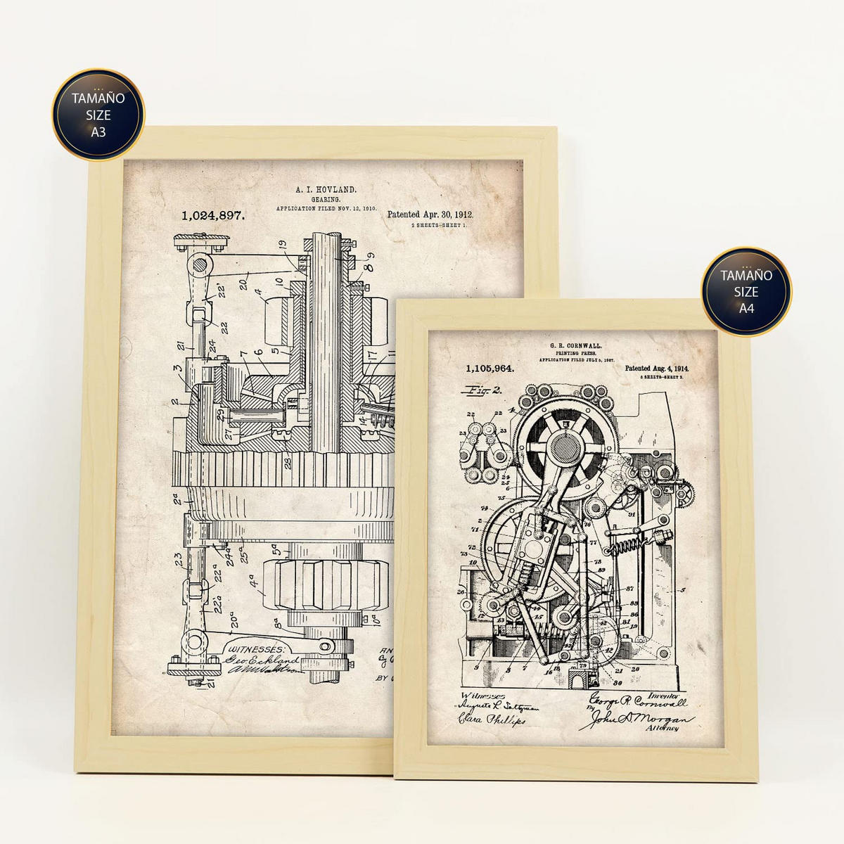 POSTER Set Mit 6 Plakaten Mit Maschinen Patenten Im Vintage Stil A3 & A4 Rahmen Aus Hellem Holz - Beige, Papier (29/3cm) - Nacnic