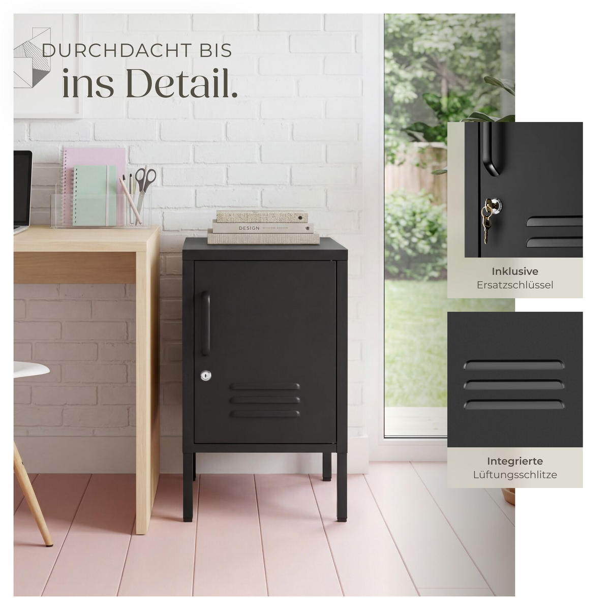 NACHTSCHRANK Baker, Kippschutz, höhenverstellbare Füße, schwarz - Schwarz, Metall (35/60.5/42.5cm) - tectake