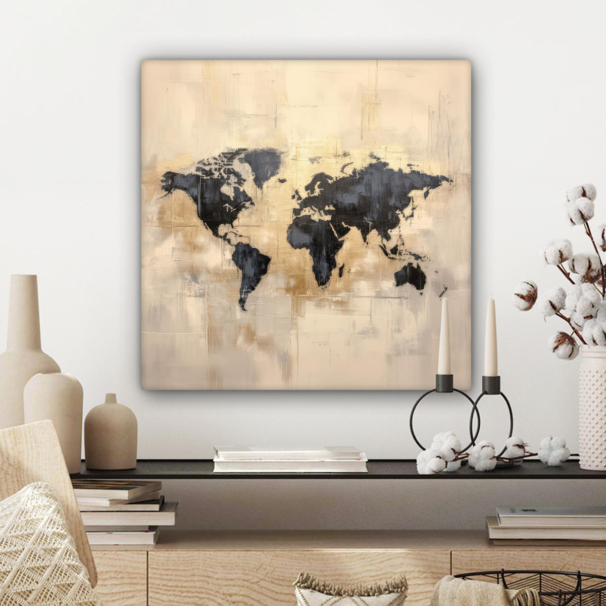 LEINWANDBILD Weltkarte - Gold - Schwarz - Abstrakt Wandbild Wohnzimmer 50x50 cm - Kupferfarben, Textil (50/50cm) - MuchoWow