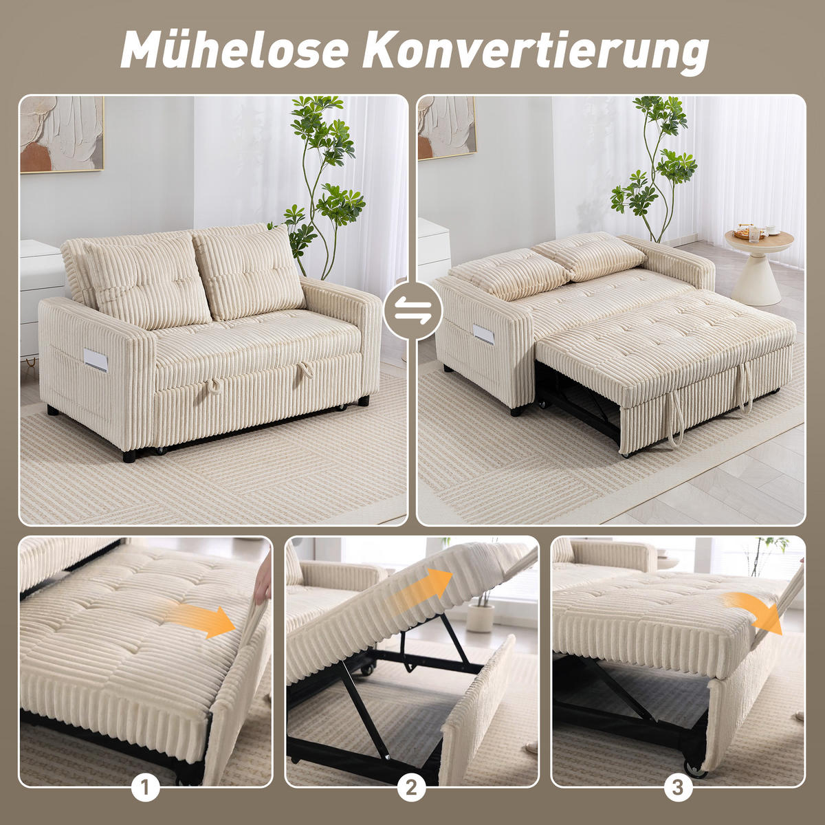 SCHLAFSOFA, 2-Sitzer Sofa 157x190cm mit Schlaffunktion, Verstellbare Rückenlehne - Creme/Schwarz, Kunststoff/Textil (90/91/157cm) - HOMCOM