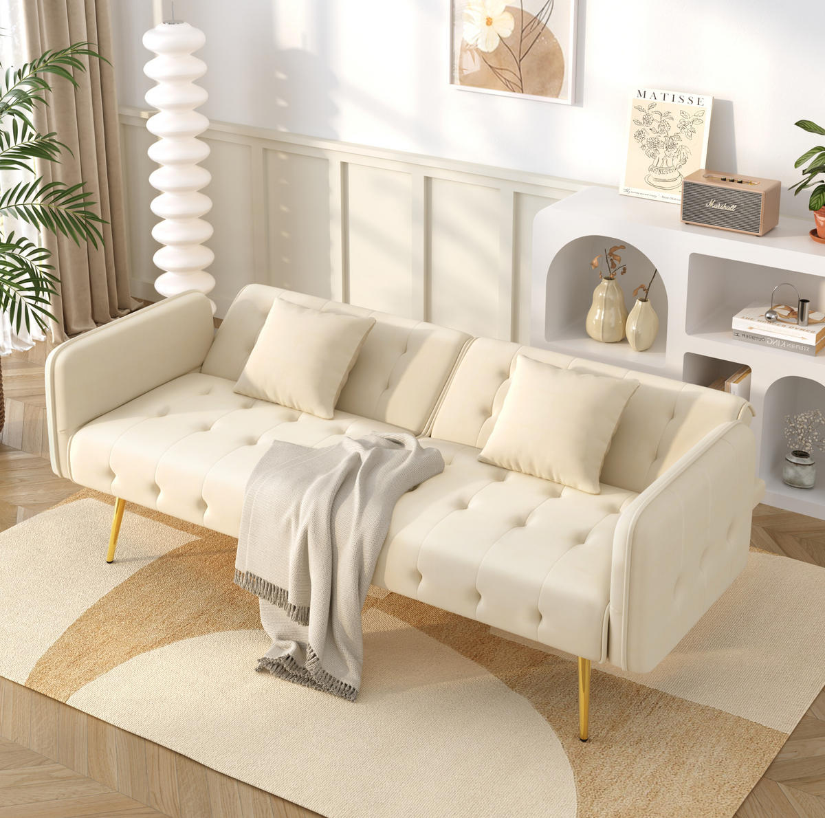 2-SITZER Sofabett Samt mit verstellbarer Rückenlehne und Armlehnen Beige 178/82/70 cm - Beige, Textil (82/70/178cm) - Redom