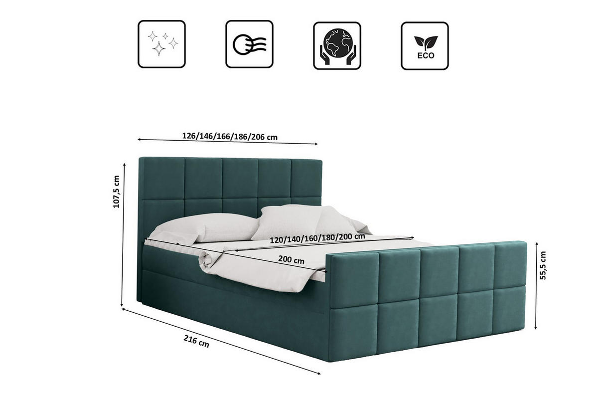 BOXBETT mit Bettkasten und Matratze Topper HANA Stoff Matt Velvet Meeresfarbe 160x200 cm H2-Pocket - Mintgrün, Holz/Textil (160/200cm) - Kaiser Möbel