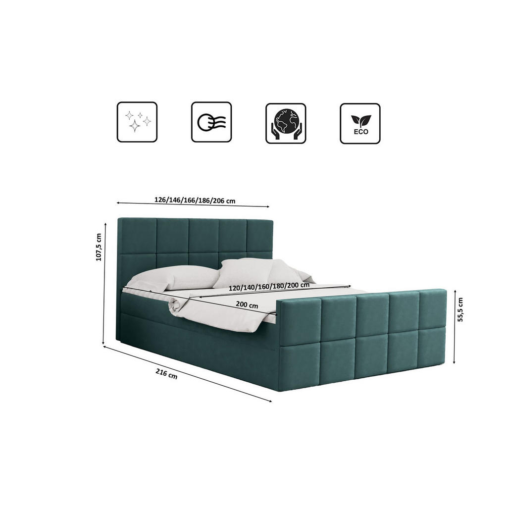 Thumbnail - Kaiser Möbel Boxbett, Mintgrün, Textil, H2, Höhe ca. 20 cm, einzeln stellbar,Rechteckig, 180x200 cm, Schlafzimmer, Bette...