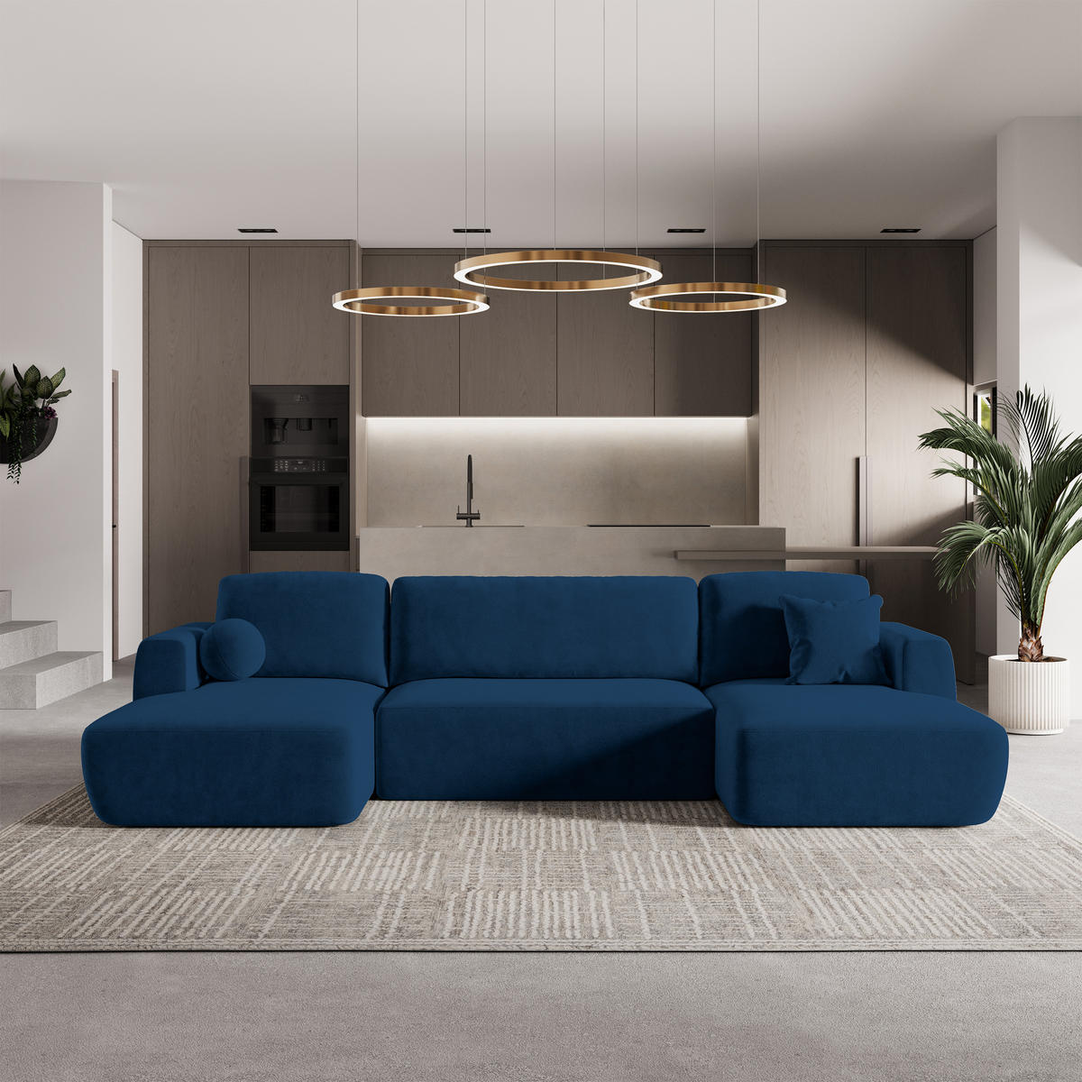 ROHOVÁ SEDAČKA SENTUM modrá - modrá/černá, dřevo/textil (330/148cm) - MASSENO